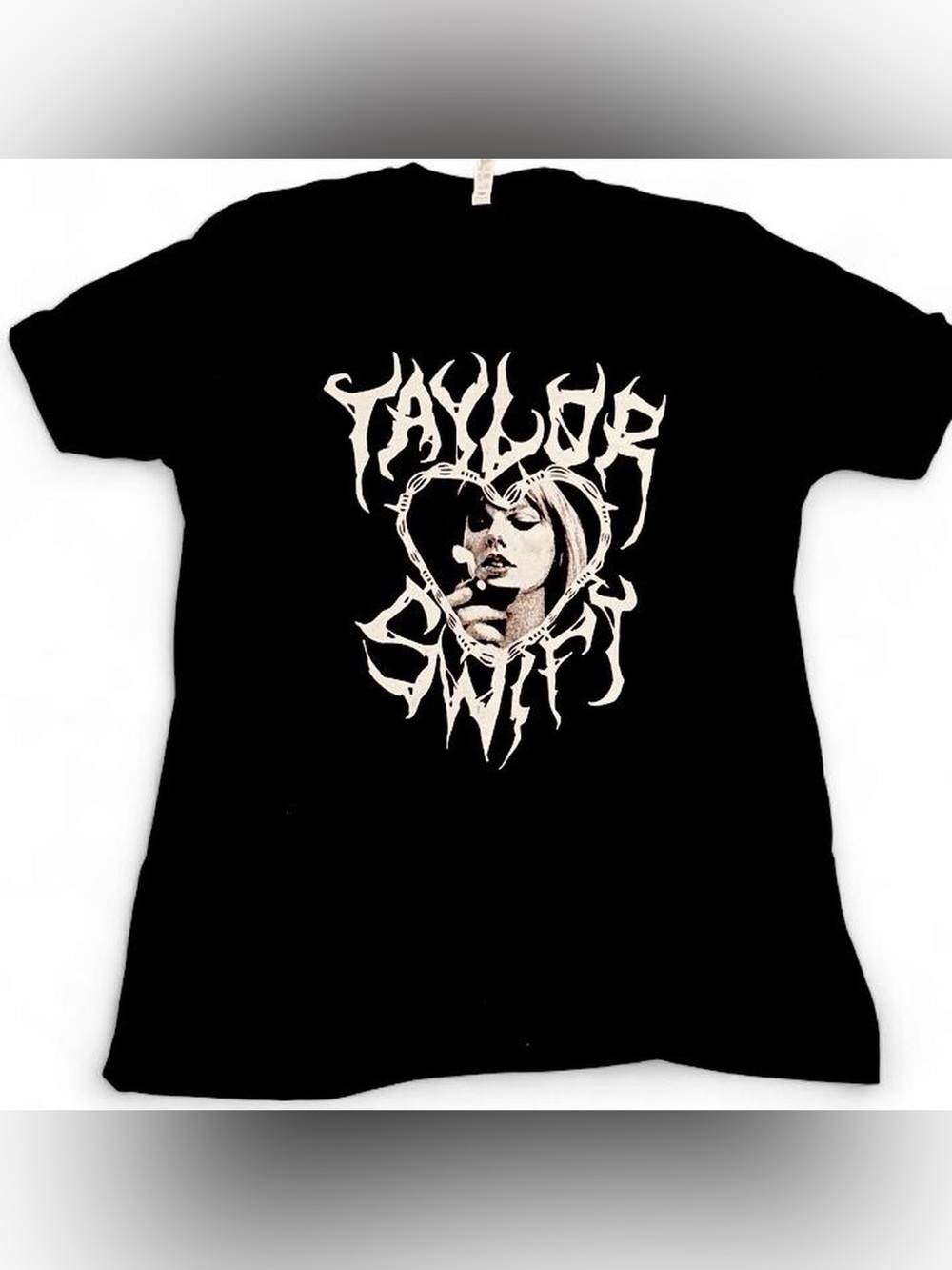 Taylor Swift Black Tee with Cream Graphic Heart Portrait